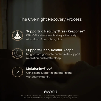 Evoria Night Recovery: supports a healthy stress response, deep restful sleep, and is melatonin-free.