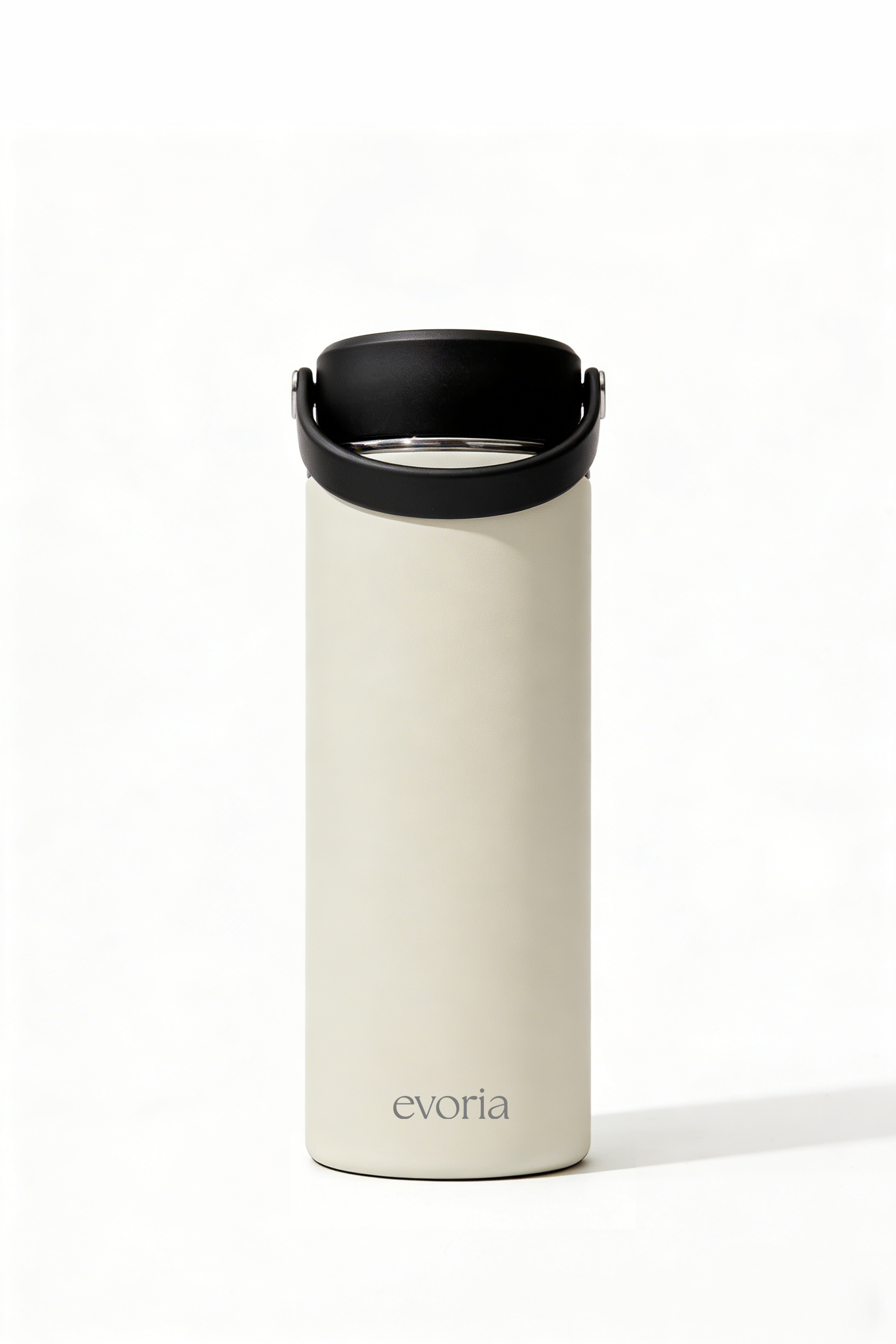 Evoria branded cream insulated tumbler water bottle with flip-top lid and carrying handle