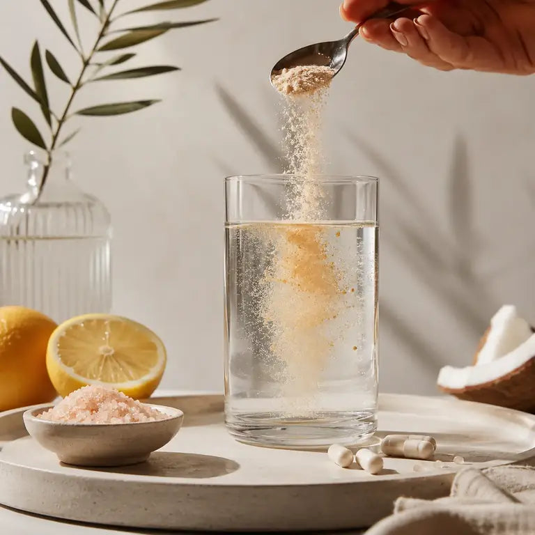 Daily nutrition powder being mixed into water with lemon and electrolytes